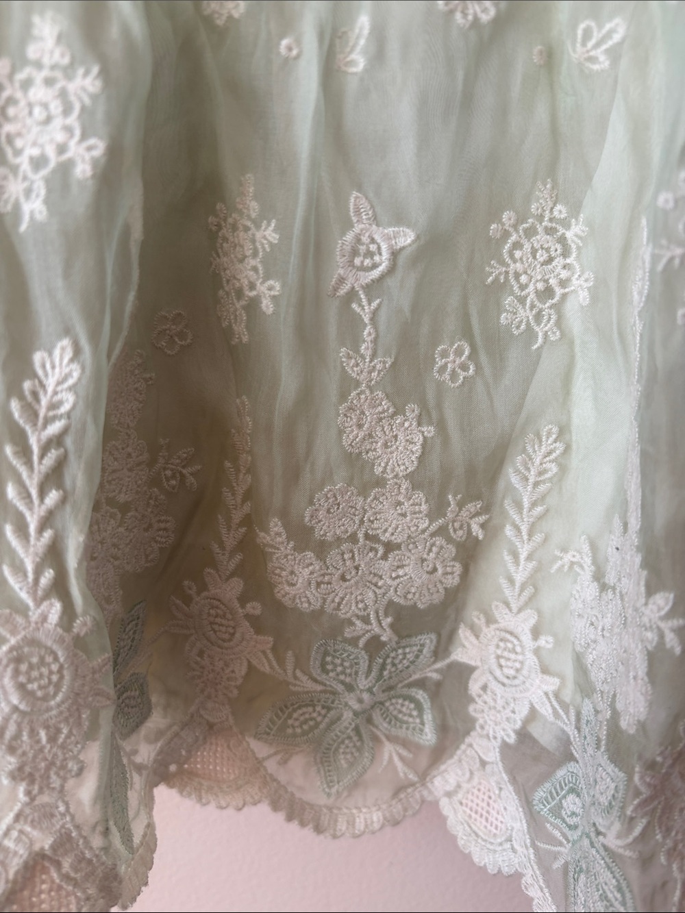 Sheer Lace-Trim V-Neck Blouse in Pale Mint - Picture 3 of 8